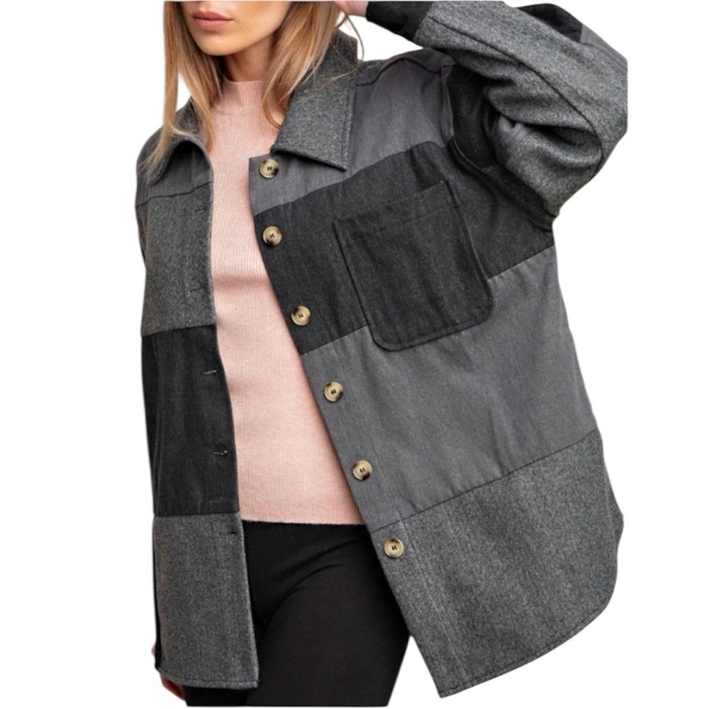Kori Large Patchwork Gray Oversized Button Front Shacket Fall Boxy G1